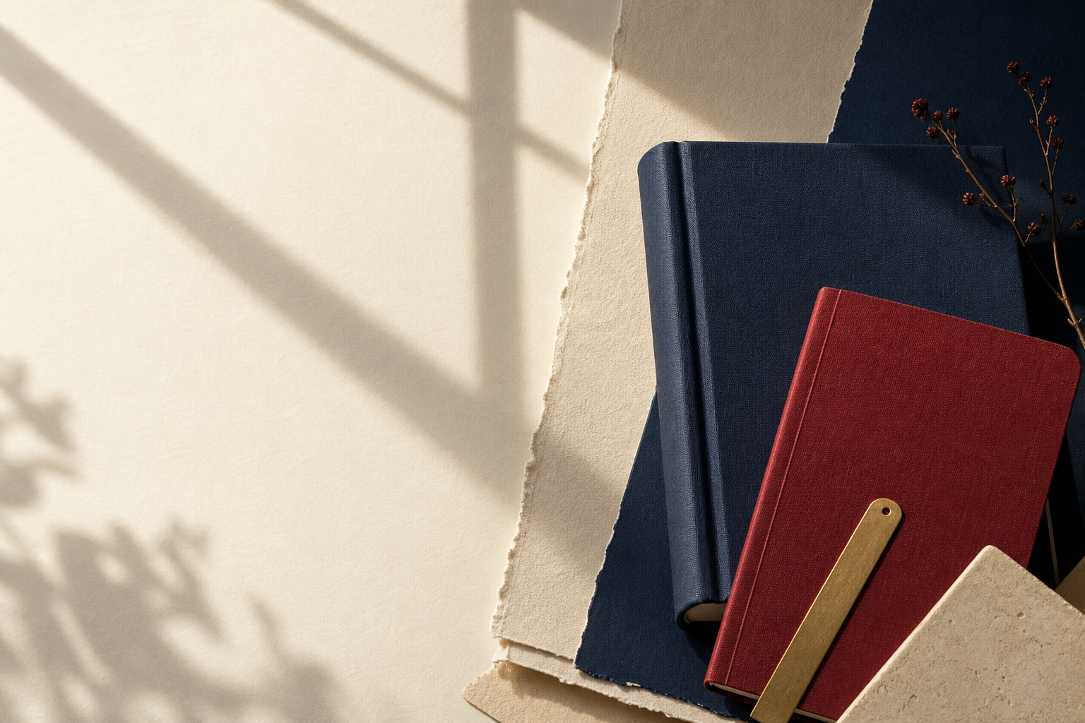 Layered paper, notebooks and a brass bookmark in SmartKids colours.