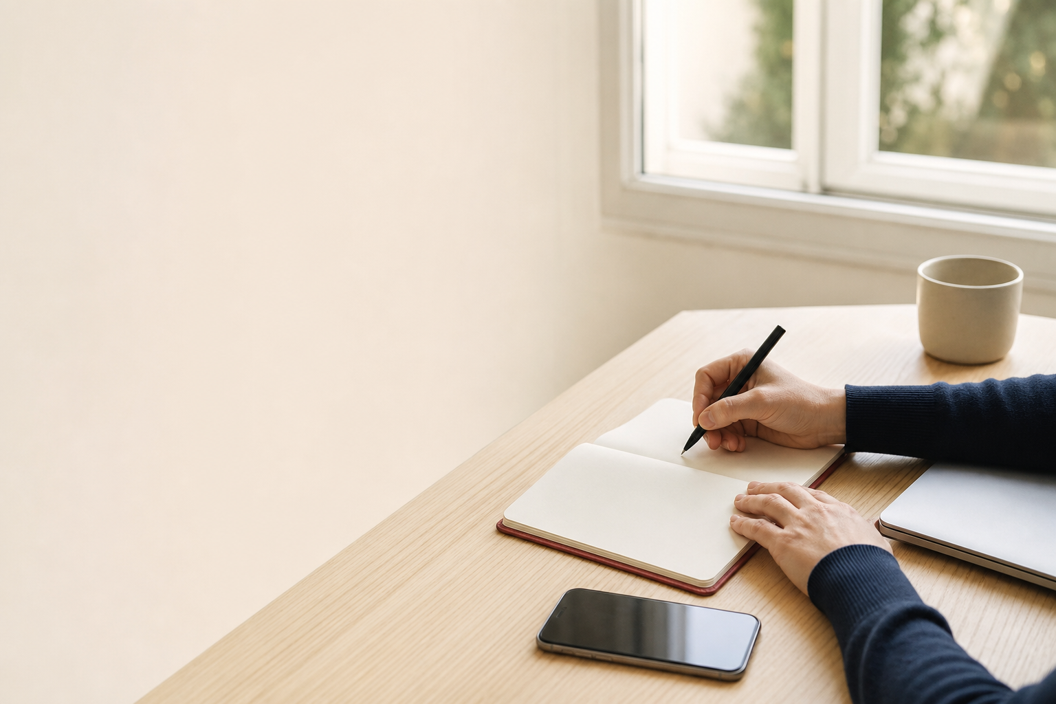 An adult writing in a notebook beside a laptop and phone.