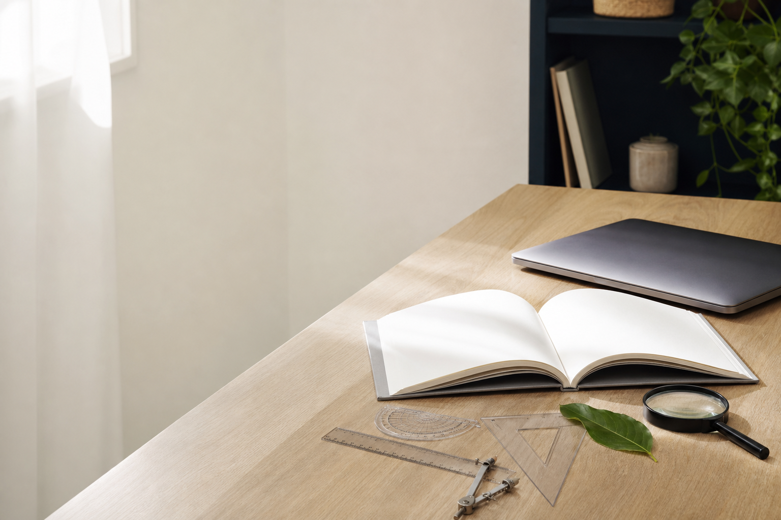 A study desk with an open book, geometry tools and a magnifying glass.