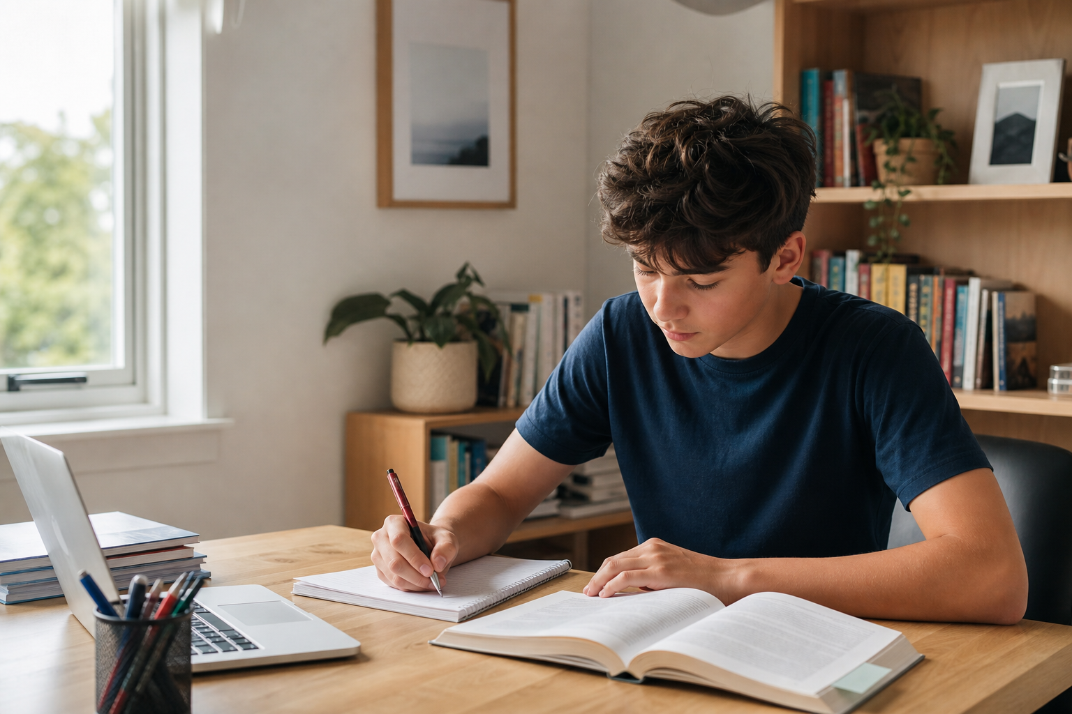 A student reading and making notes at a desk.