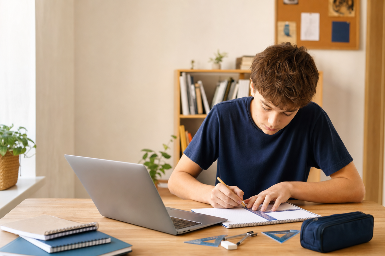 A student working through mathematics problems in a notebook.